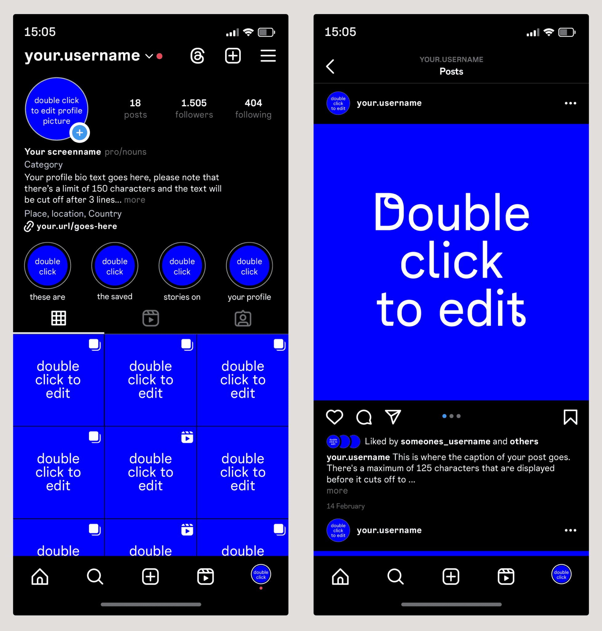 Two templates from Instagram's Post and Profile pages in dark mode.