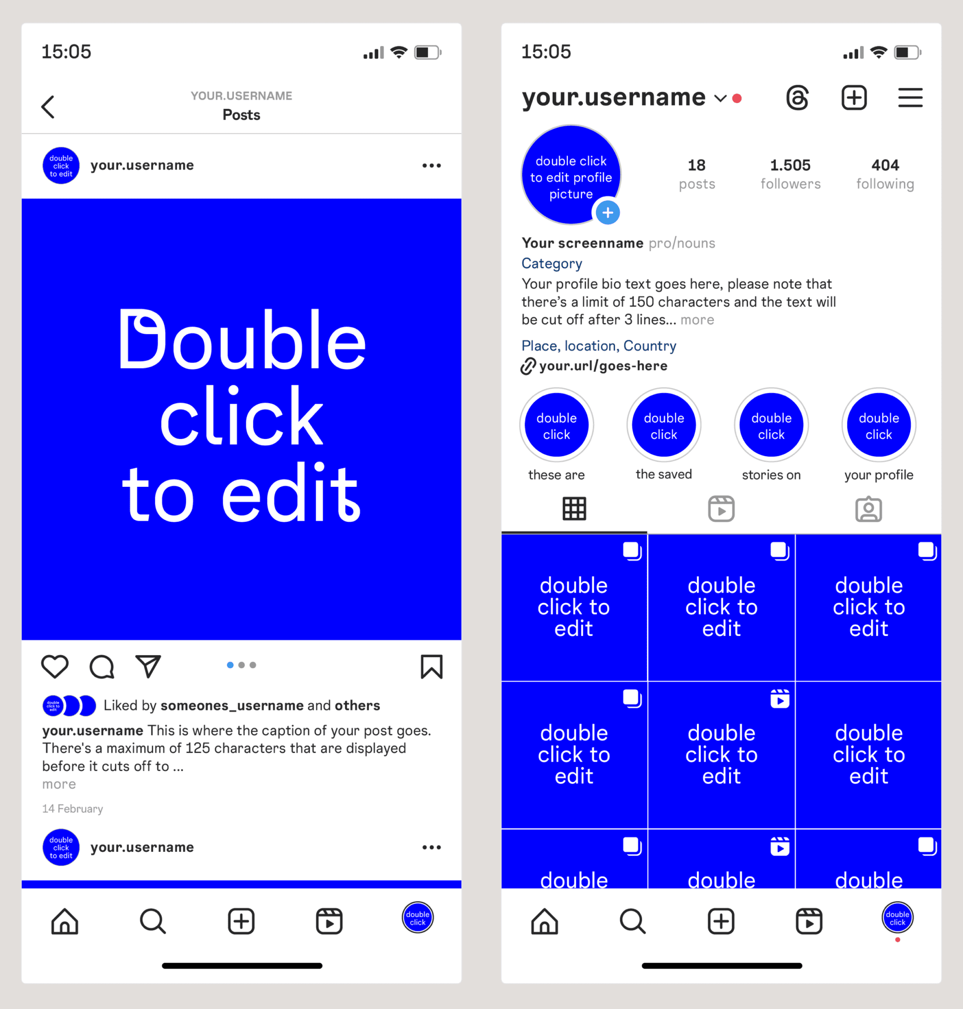 Two templates from Instagram's Post and Profile pages in light mode.