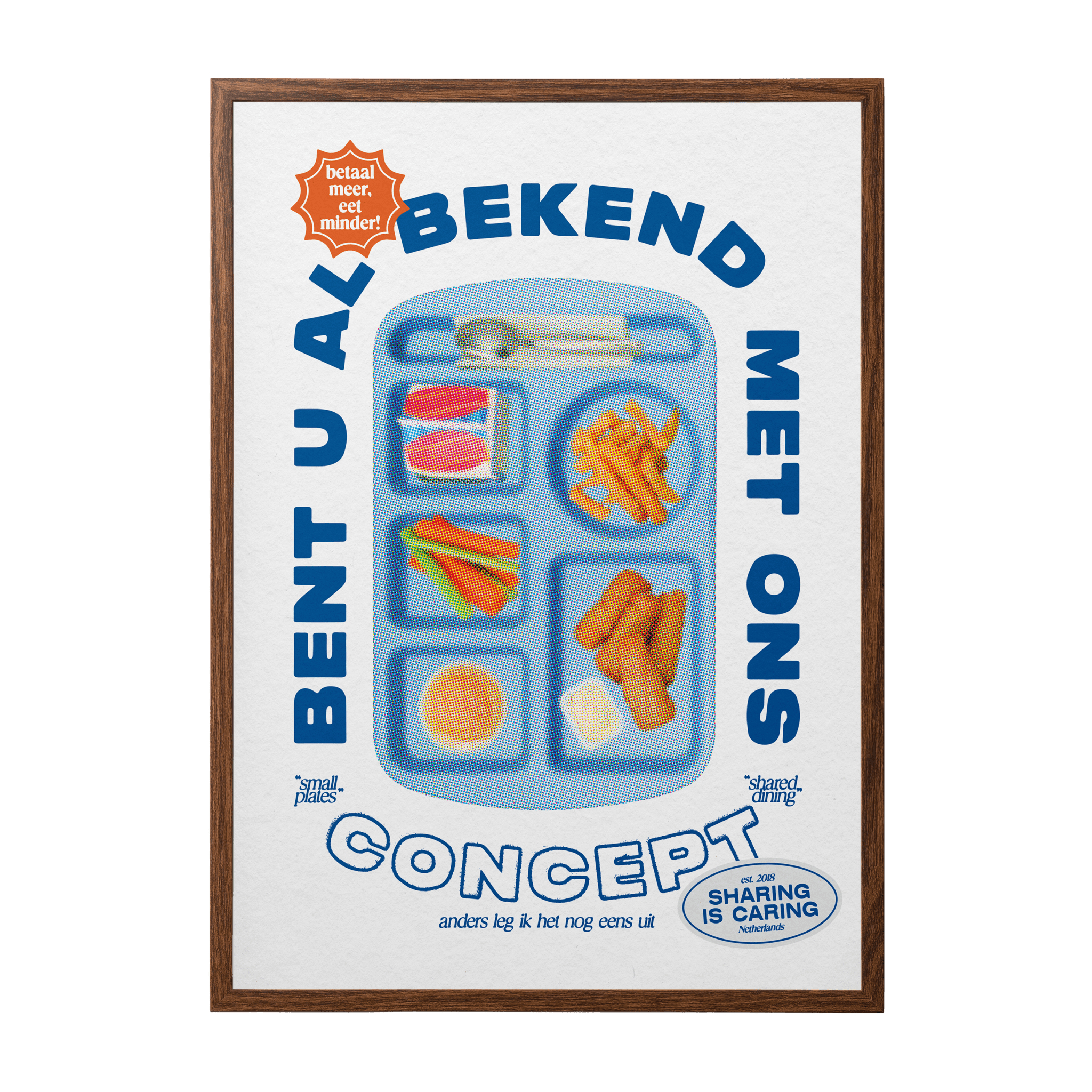Poster in a frame displaying a pixelated food tray with the text "Bent u al bekend met ons concept?" and various stickers
