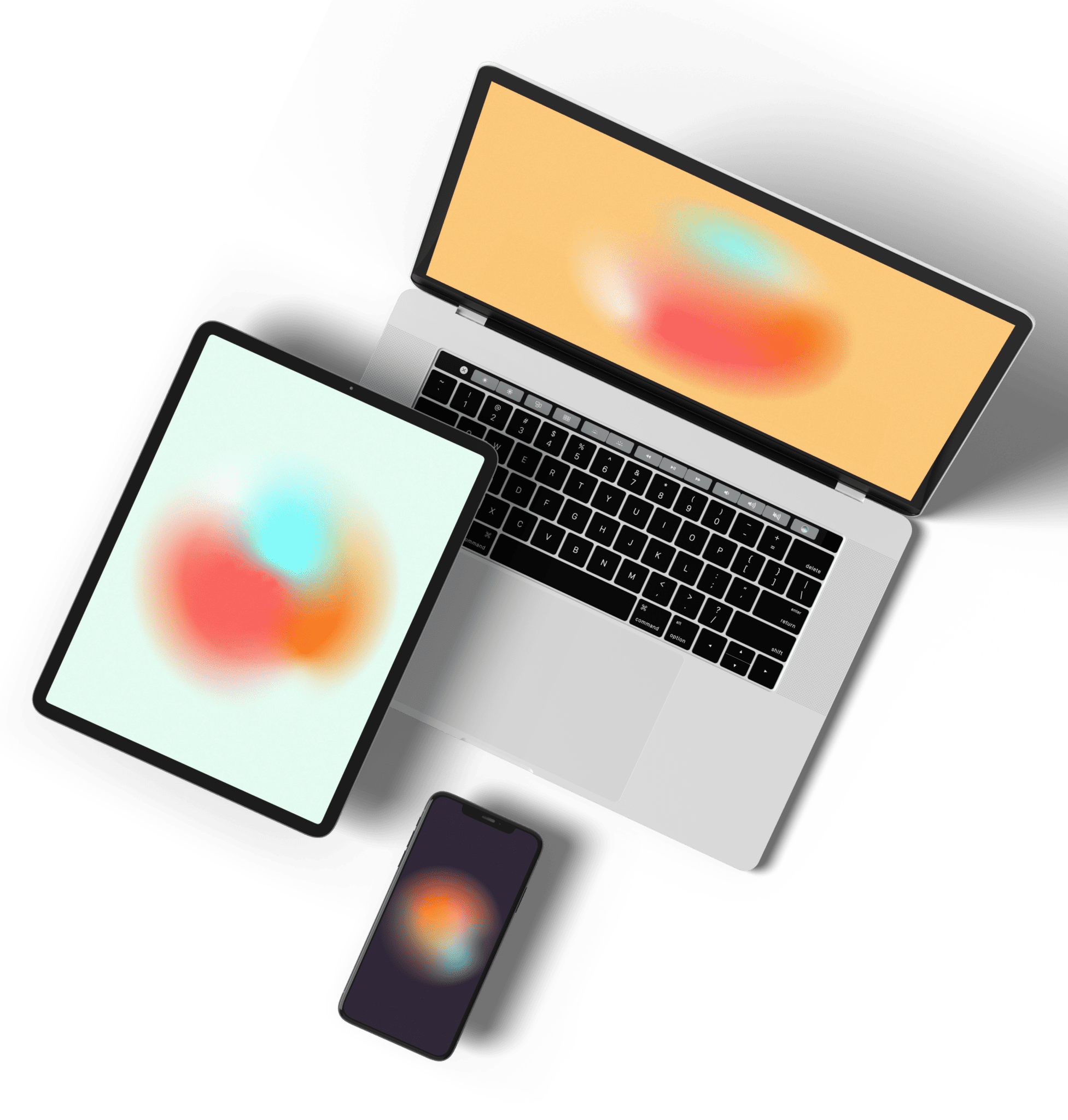 Mockup of gradient wallpapers displayed on a laptop, tablet and phone.